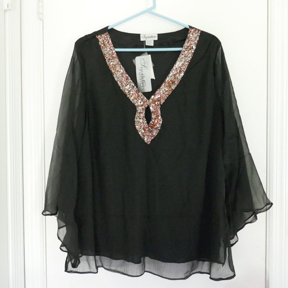 COPY - elegant sequin keyhole neckline fully lined bodice black sheer blouse